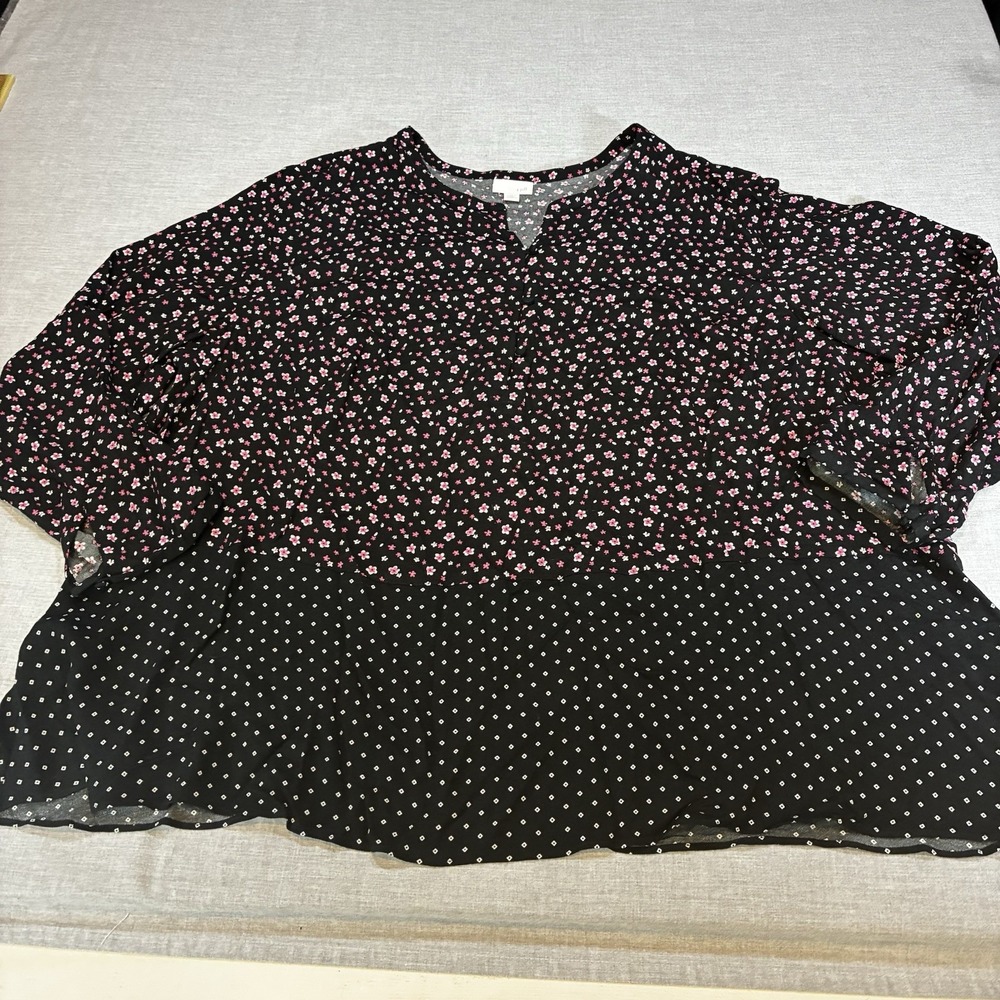 J Jill Black Pink Floral Tunic Top Womens 4X Flowy Contrast Pattern Long Sleeve
